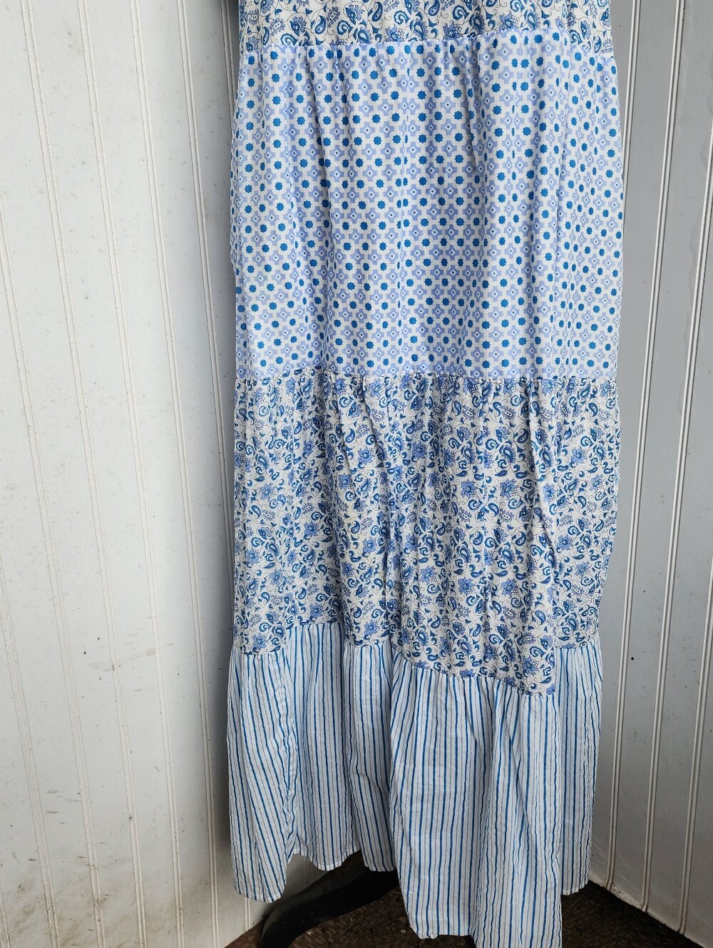 J. Crew Blue White Mixed Print Tiered Cotton Maxi Dress Paisley Striped Tie XL - Picture 6 of 15